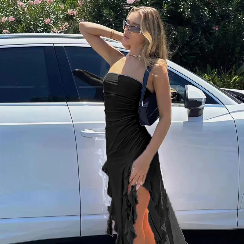 

Sexy strapless off shoulder midi dress women's pleated beach skirt summer slimming party women's dress