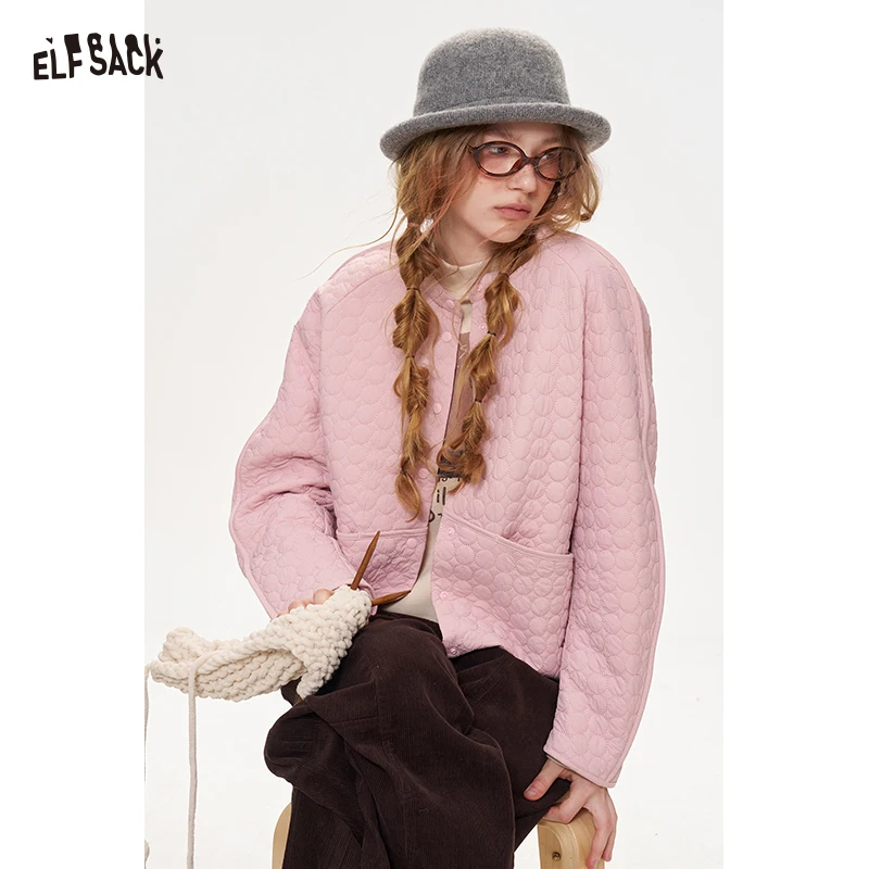 ELFSACK Women's Quilted Padded Jacket with Stand Collar, Casual Loose Outerwear for Daily, Long Sleeve Warm Coat