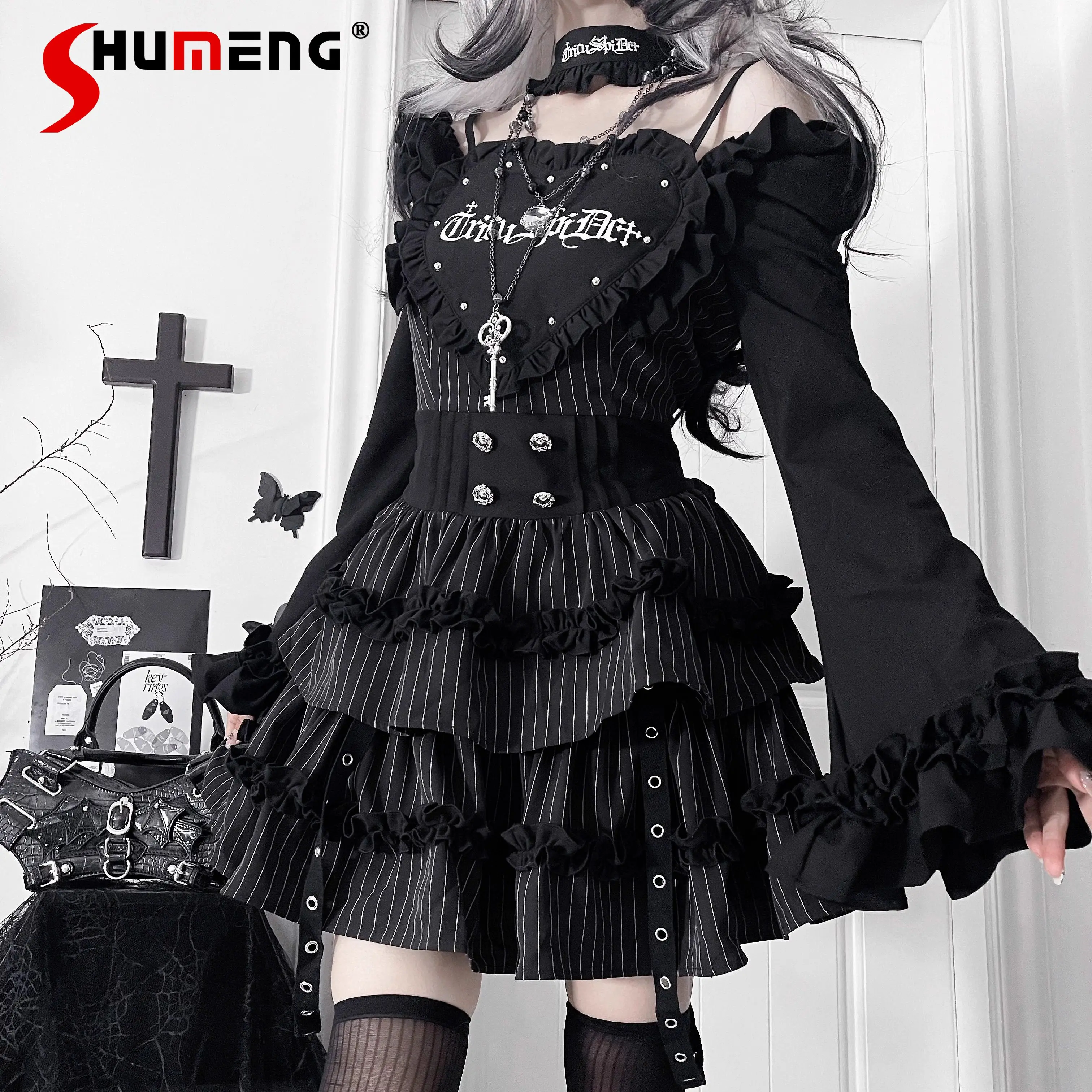 

Original Print Subculture Goth Dark Girl Cos Dress 2026 Spring and Summer New Lolita Style Women Slim-fitting Long-sleeved Dress