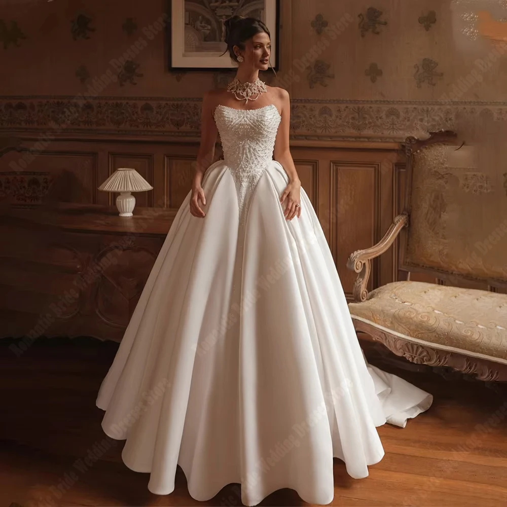 

Charming Strapless Sleeveless Women Wedding Dresses Elegant A-Line Bridal Gowns Engagement Banquet Vestidos De Noivas Customized