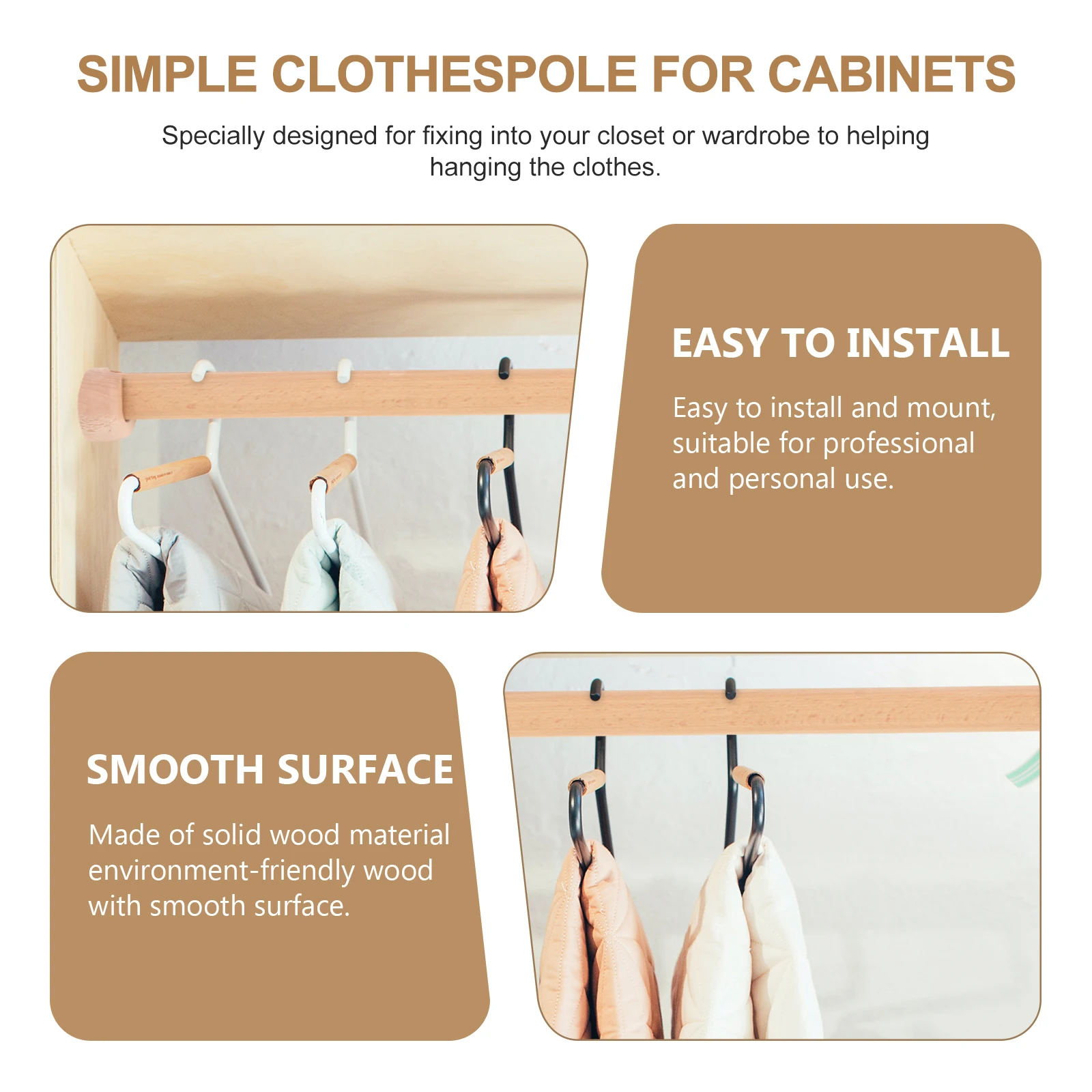 

Wood Clothes Hanging Rods Heavy Duty Thickened Wooden Closet Hangers Wardrobe Cross bar Clothes Rail Smooth Surface Great