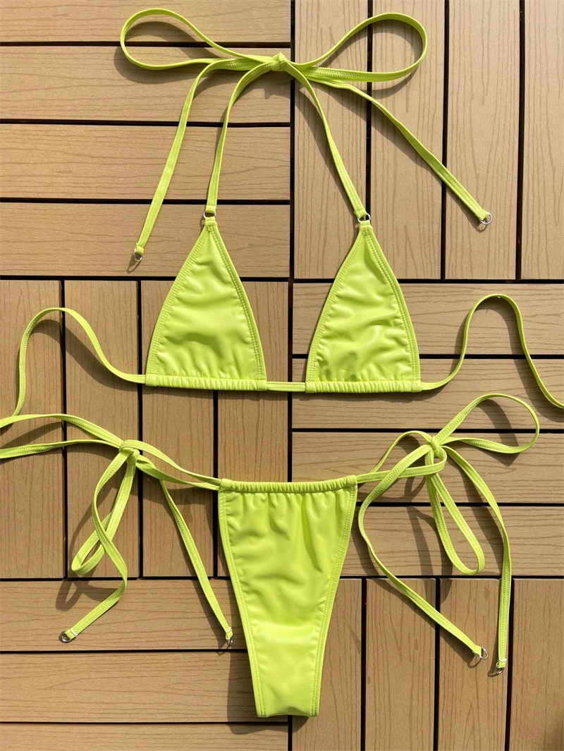 Bikini de cuero de Color sólido para Mujer, traje de baño de cuerda, moda de verano, playa, nuevo