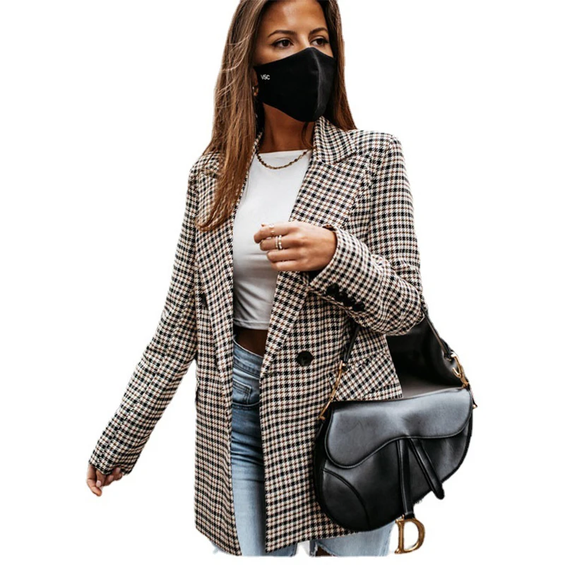 Autunno e inverno nuovo doppio petto bavero stampa Plaid temperamento piccolo vestito moda donna giacca a vento di media lunghezza