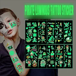 Pegatinas de tatuaje de pirata luminoso para niños, calcomanías de dibujos animados divertidos, caza del tesoro, Caribeño, niño, tatuaje temporal brillante