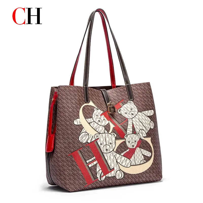 CH Women Tote Bag Large Capacity Handbag Cartoon Print Shoulder Bag PU Leather Fashion Casual Shopping Bag Ladies Work Purse