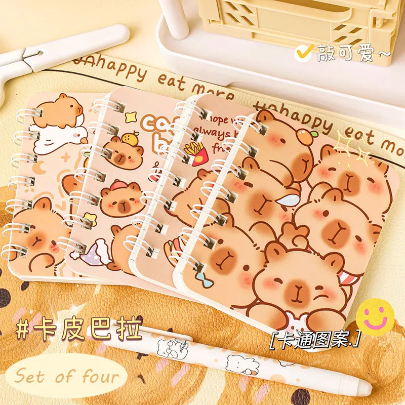 4pcs Capybara cartoon horizontal line notebook cute mini portable pocket coil book