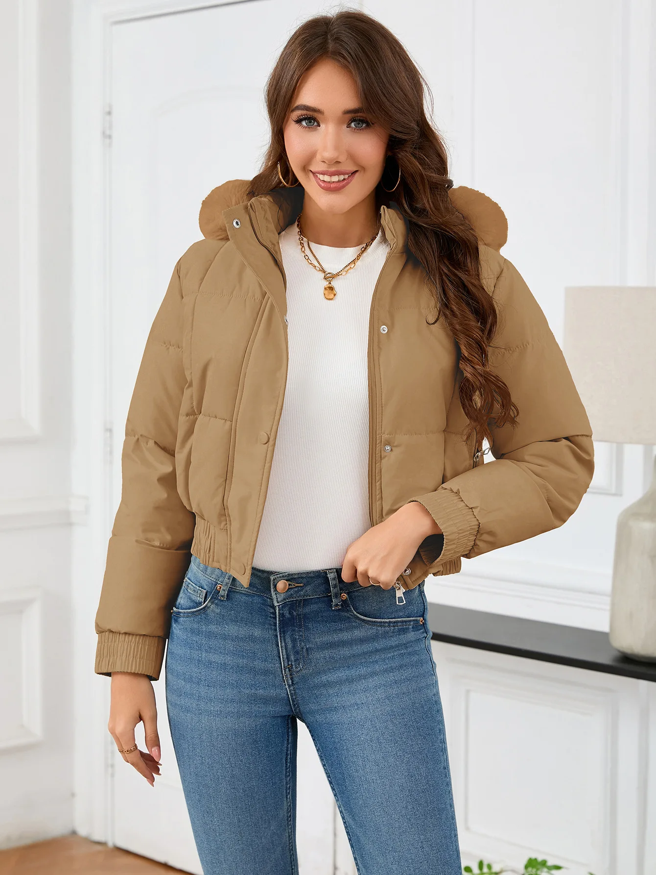 

Europe and America Women's Winter New Short Slim-fit High-waisted Cotton-padded Jacket,Thickened Fur Collar Cotton-padded Jacket