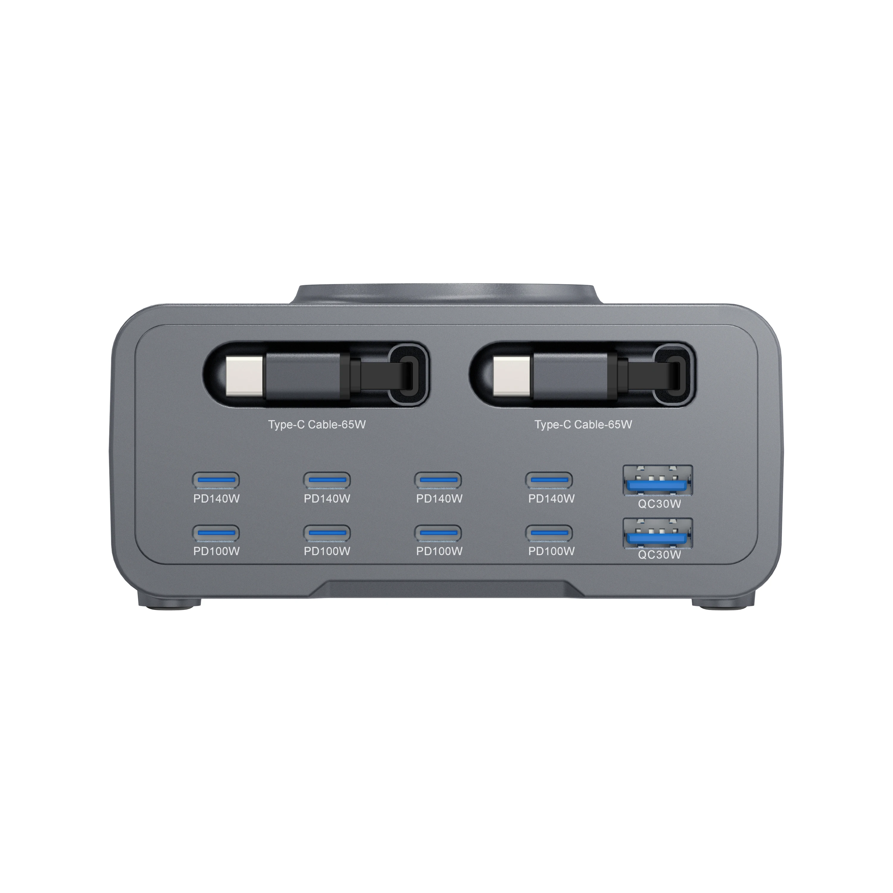 8C2A 1150W Dual Cable Multi Port PD Charging Station Desktop GaN Charger with Dual Retractable Cables 15W Wireless Pad Charging