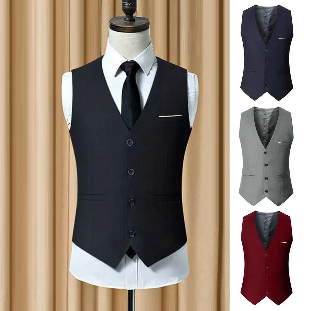 Men Suit Vest V-Neck Sleeveless Single Breasted Business Waistcoat Solid Color Formal Dress Waistcoat Sophisticated Suit Vest