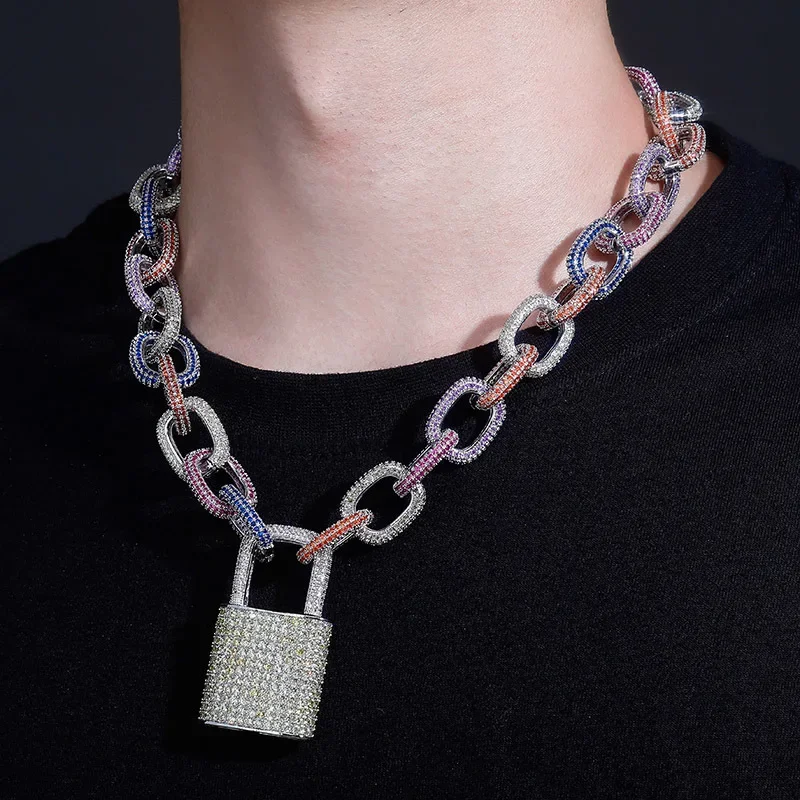 

Exaggeration Iced Out Lock Pendant Necklace For Men's Hip Hop Personality Jewlery Rhinestone CZ Clasp Rapper Fashion Necklace