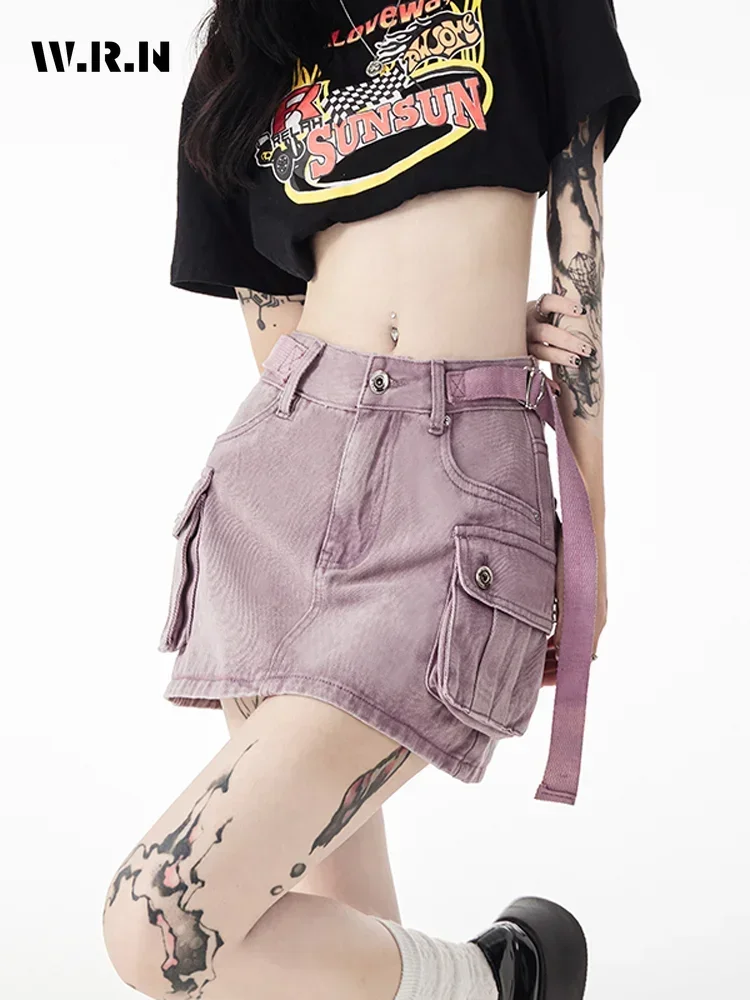 

2024 Summer Women's Vintage Y2K Hotsweet Harajuku Denim Skirt High Waist High Street Style Casual Purple Pockets Sexy Skirt