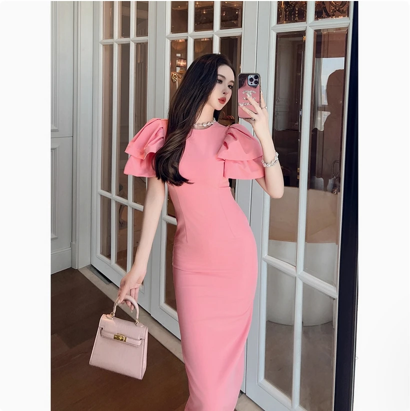 NOVEDAD DE VERANO 2025, estilo francés para mujer, cuello redondo, mangas de pétalo, corte ajustado, envoltura de cadera, conexión reductora de edad rosa
