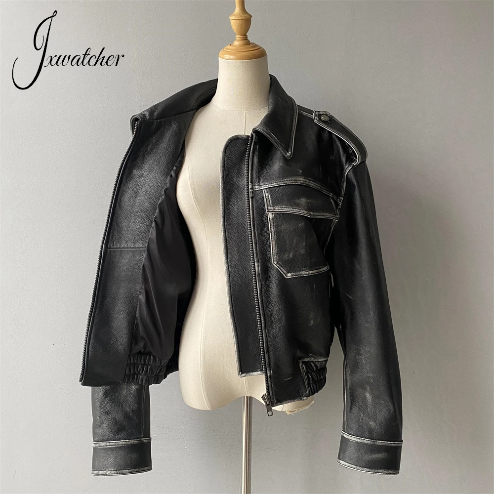 Jxwatcher-abrigo de piel de oveja para mujer, chaqueta Vintage de cuero auténtico, moda de primavera, novedad de otoño, 2024