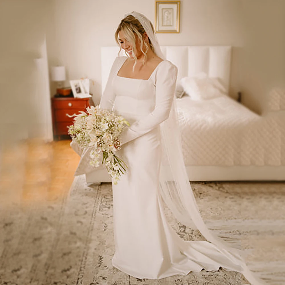 

Customized Square Neck Long Sleeve Wedding Dresses Plus Size Bridal Dresses Vintage Classic Weeding Gown 2026 Bride Dresses