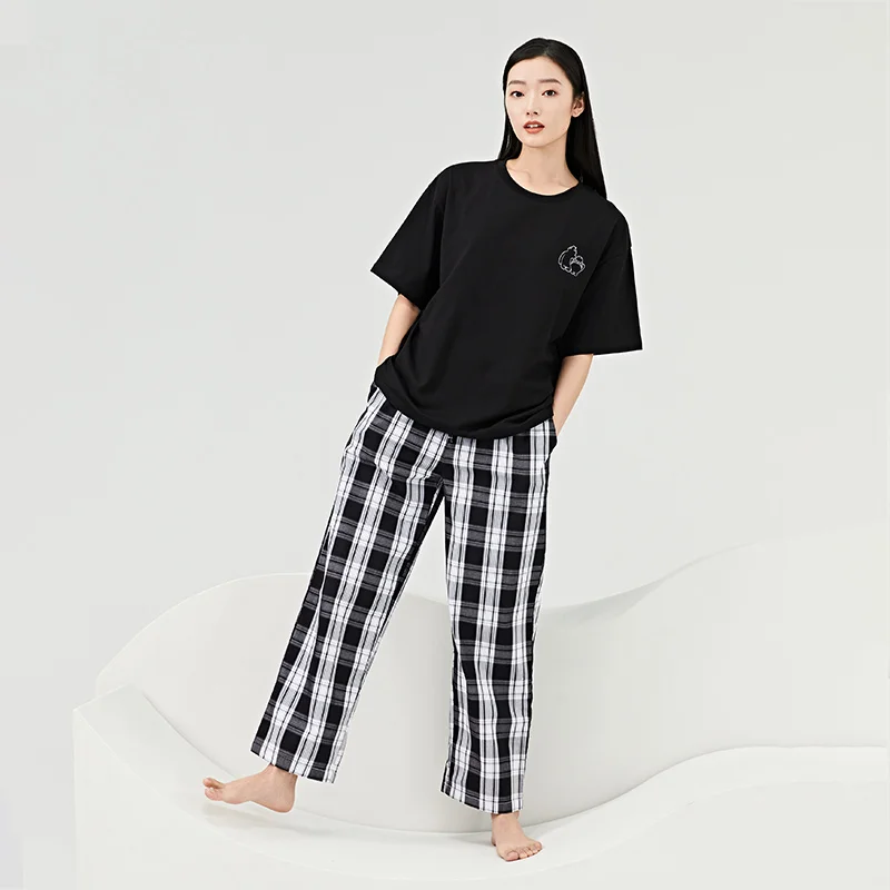 Semir Women Pajama Suit Fashion Letter Print Top Plaid Trousers Couple\'S Home Suit