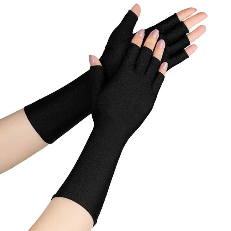 

1Pair Sunscreen Protection Fingerless Long Gloves Women Arm Cool Summer Solid Mittens Half Finger Sleeves Black