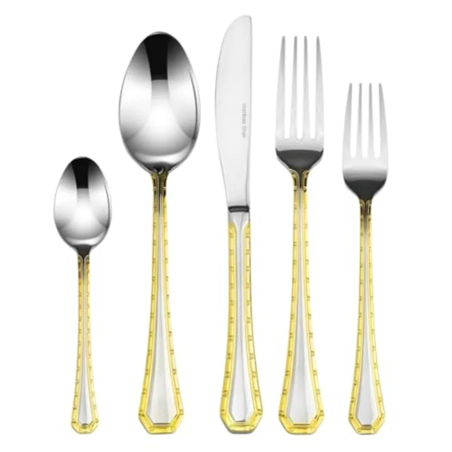 

18/10 Stainless Steel Flatware Set - 20pc Italian Collection with Gold Geometric Border - Elegant Design for Home and Kitchen U