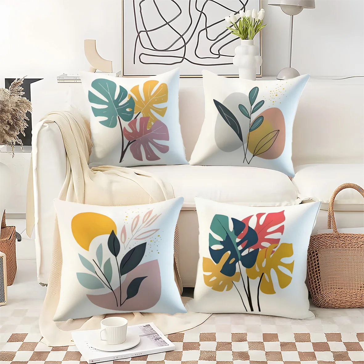4pcs Macaron-colored plants digital printing pillow cover Short plush Suitable living rooms bedrooms sofas throw cushion cover