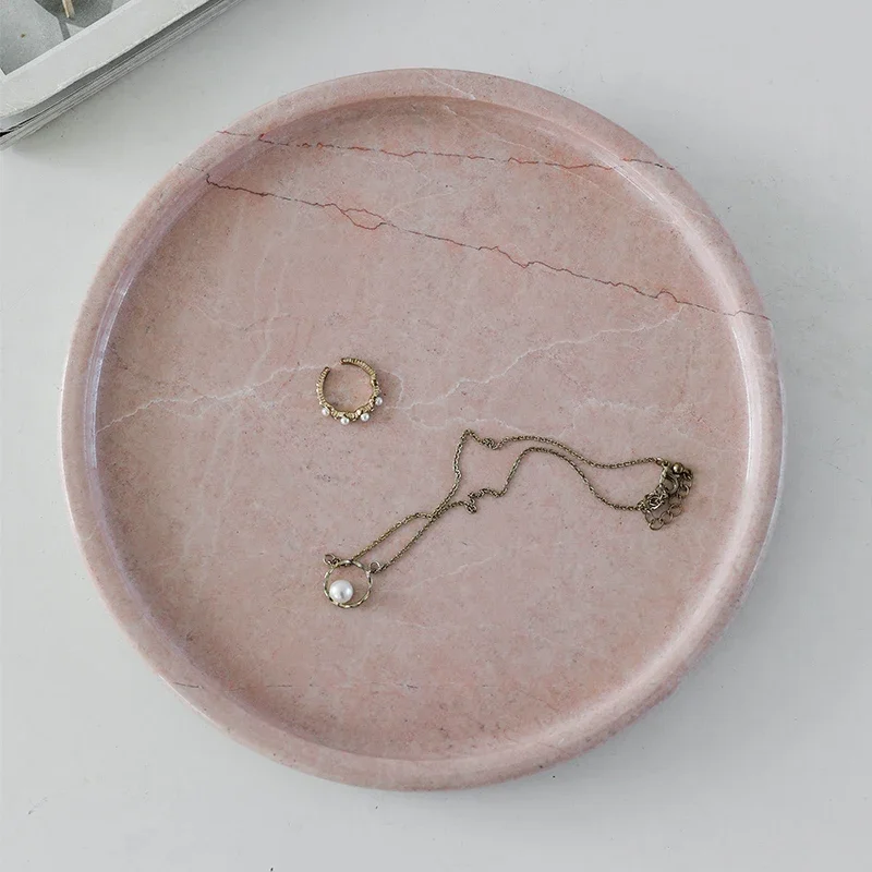 Natural Pink Marble Plate, Sink Storage Tray, Home Aromatherapy Tray Desktop Round Jewelry Storage Tray Jewelry Photo Props