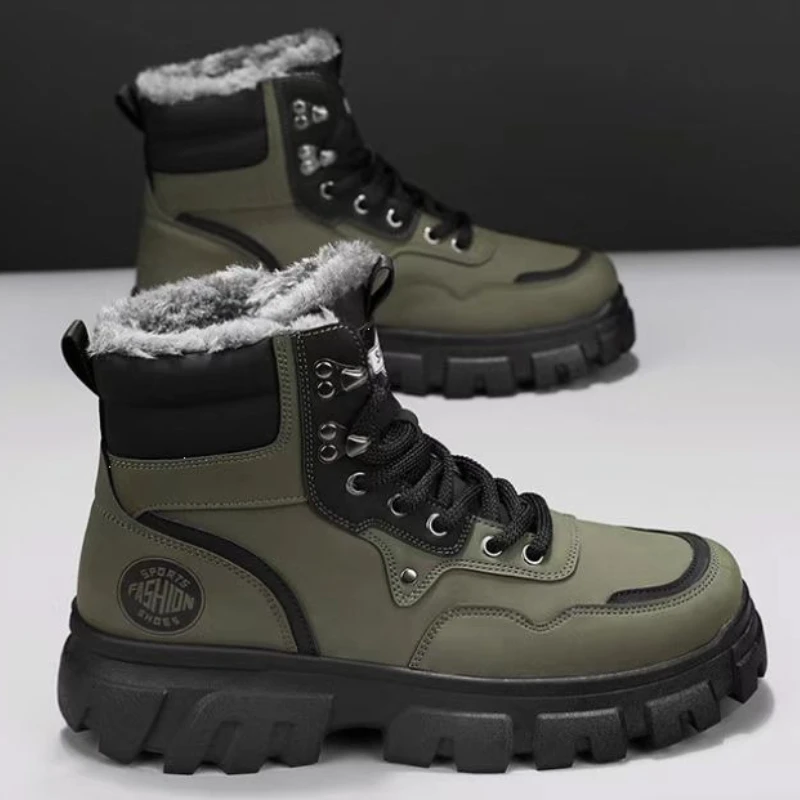 Men's Boots Plush Keep Warm High Top Shoes Lace Up Non Slip Comfortable Casual Sneakers Fashion Winter Shoes for Man 2026 New