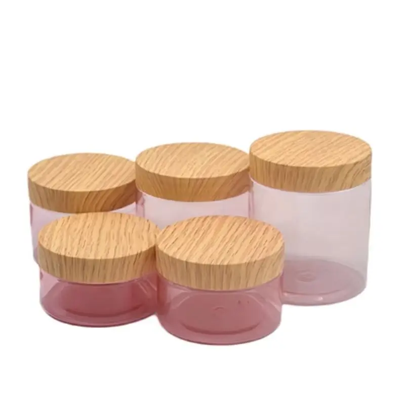 

24Pcs Clear Pink Empty Plastic Pot Cream Jar False Wood Screw Lid 100g 120g 150g 200g 250g Refillable Bottle Cosmetic Containers