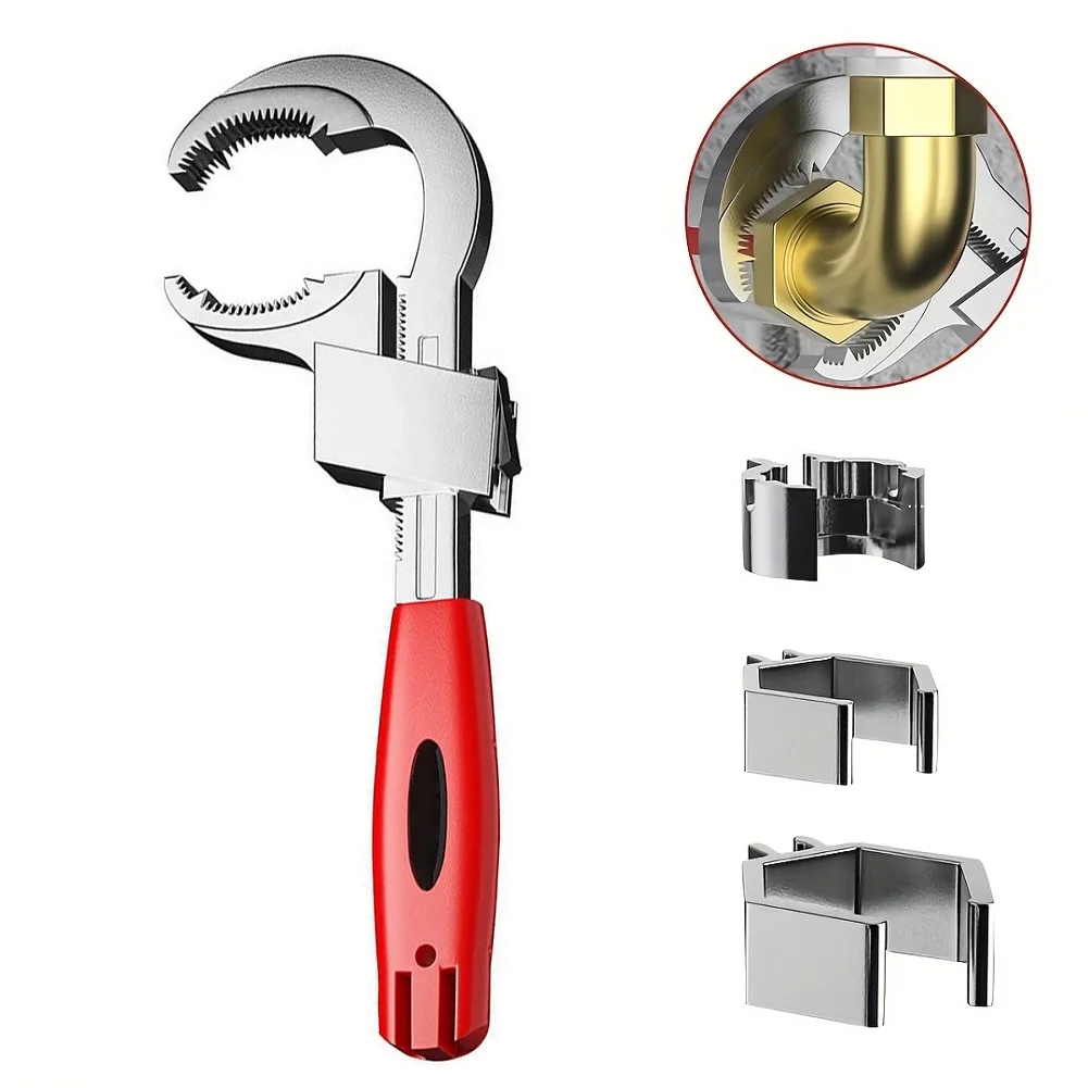 Large Opening Sink Wrench Aluminum Alloy Faucet Tool With 3 Heads For Bathroom Pipe Installation And Household Plumbing Repair