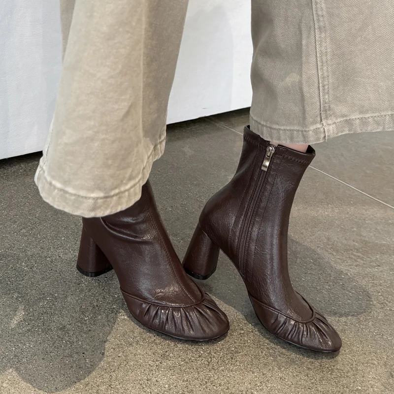 MKKHOU Genuine Leather Ankle Boots Women Ruched Round Toe Side Zipper Block Heel Stretch Slim Booties Fall Winter Boots Women view 2