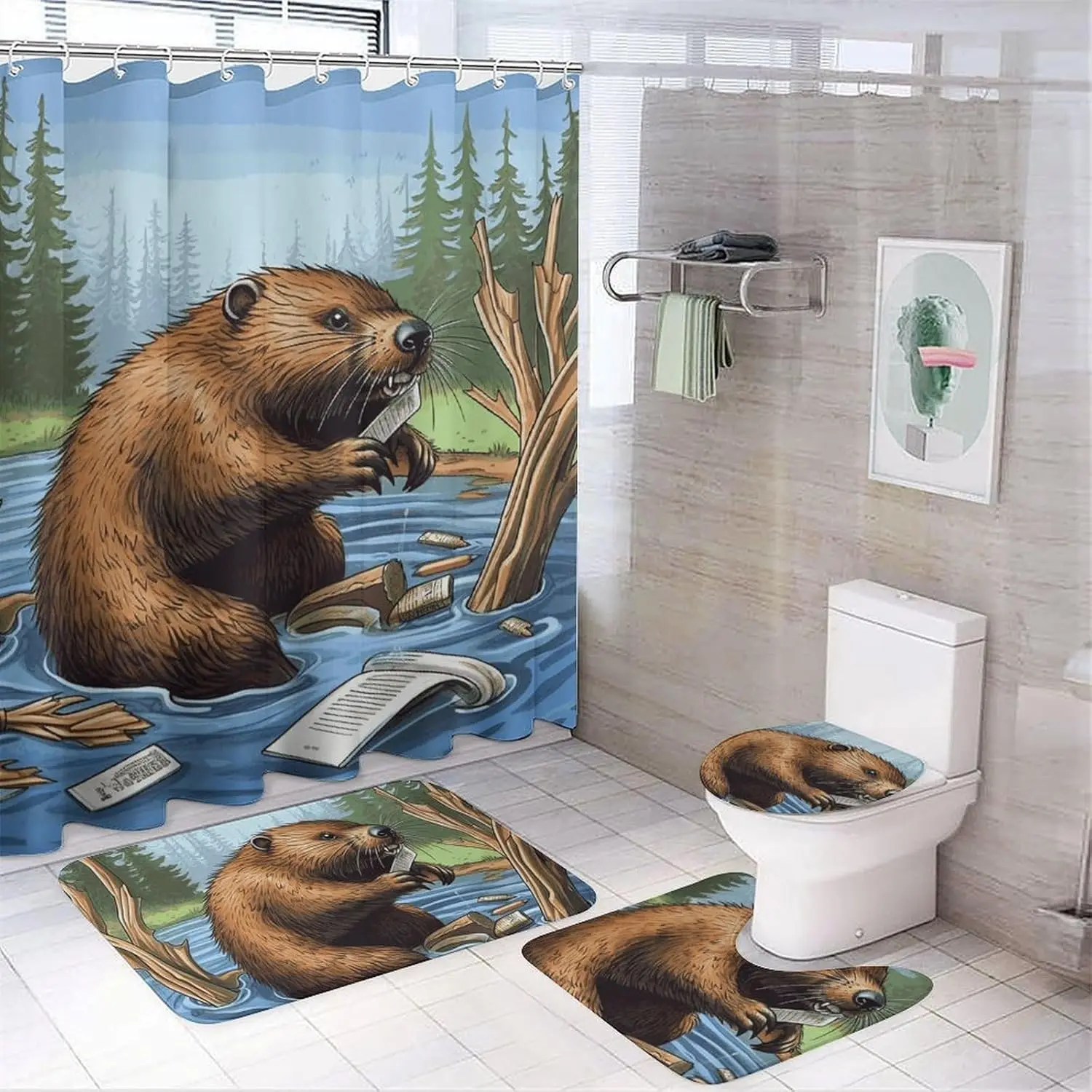 

Busy Beaver Cartoon Shower Curtains Set 4 Piece with Non-Slip Rugs, Toilet Lid Cover and Bath Mat Soft Bathroom Carpet Waterproo