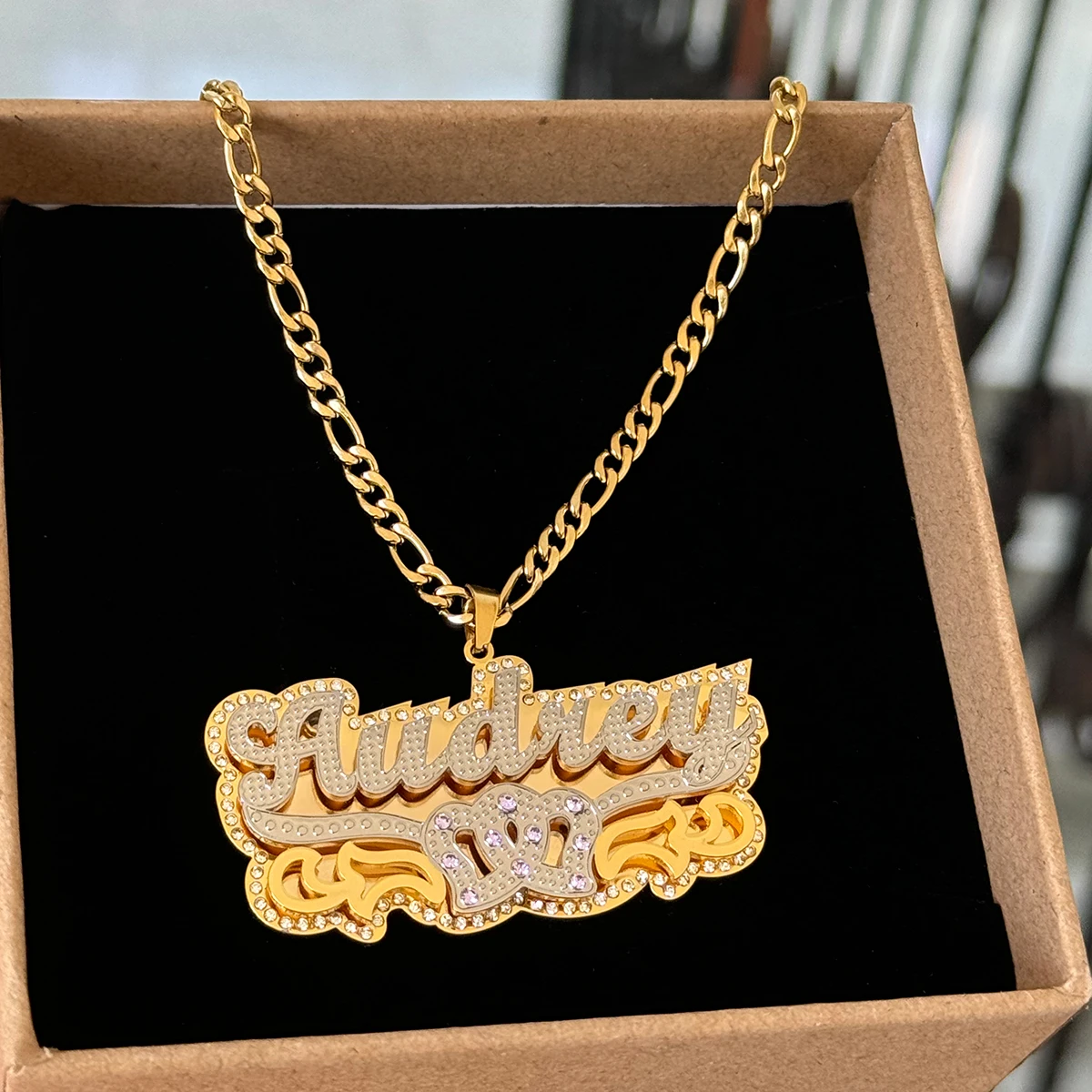 Kalung liontin baja tahan karat 3D nama kustom kustom kalung lapis ganda dengan perhiasan hadiah ulang tahun pesta berlian