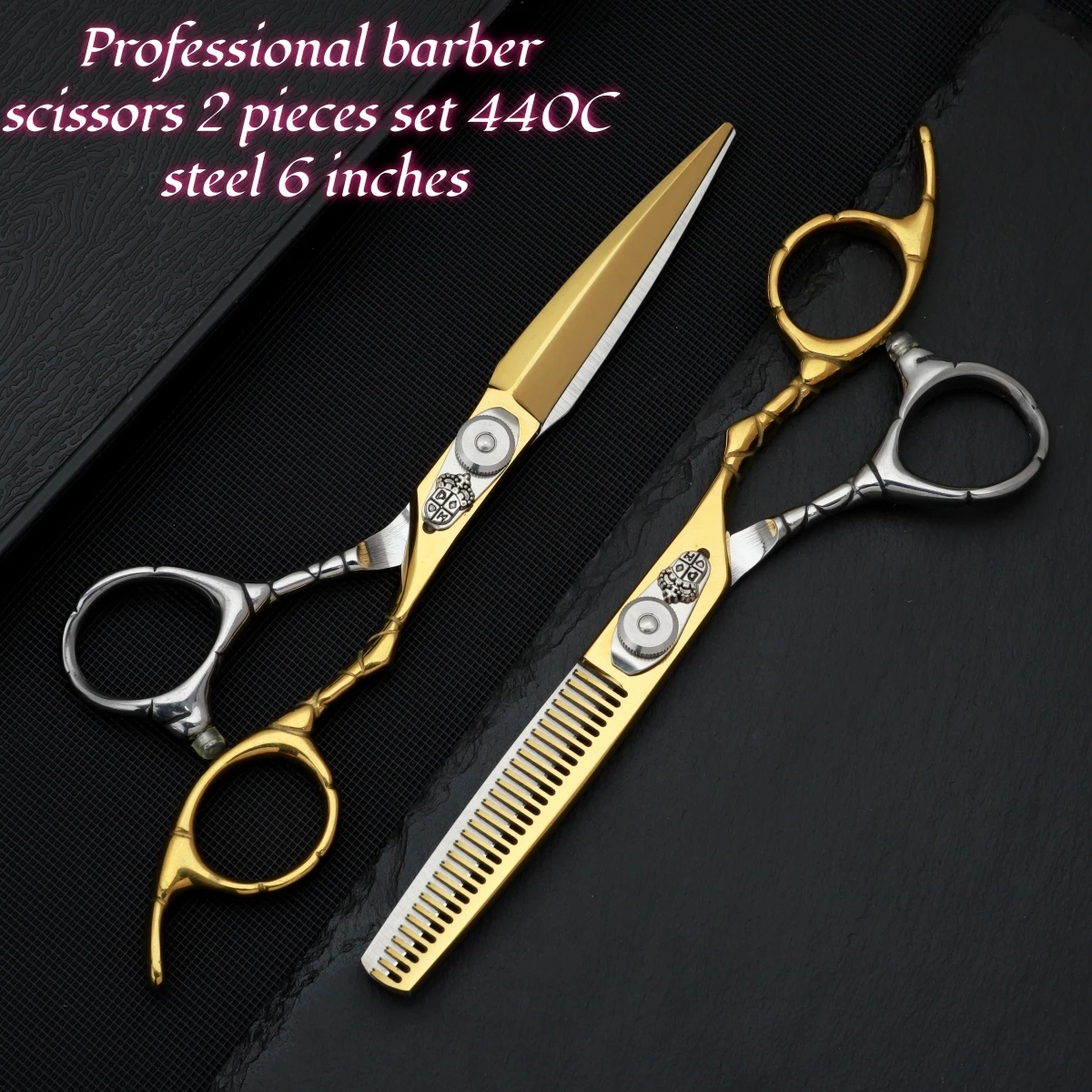 

Professional Barber Scissors Set 440C Steel 6-inch Hair Cutting And Thinning Shears 2-Piece Kit for Home Haircuts And Salons