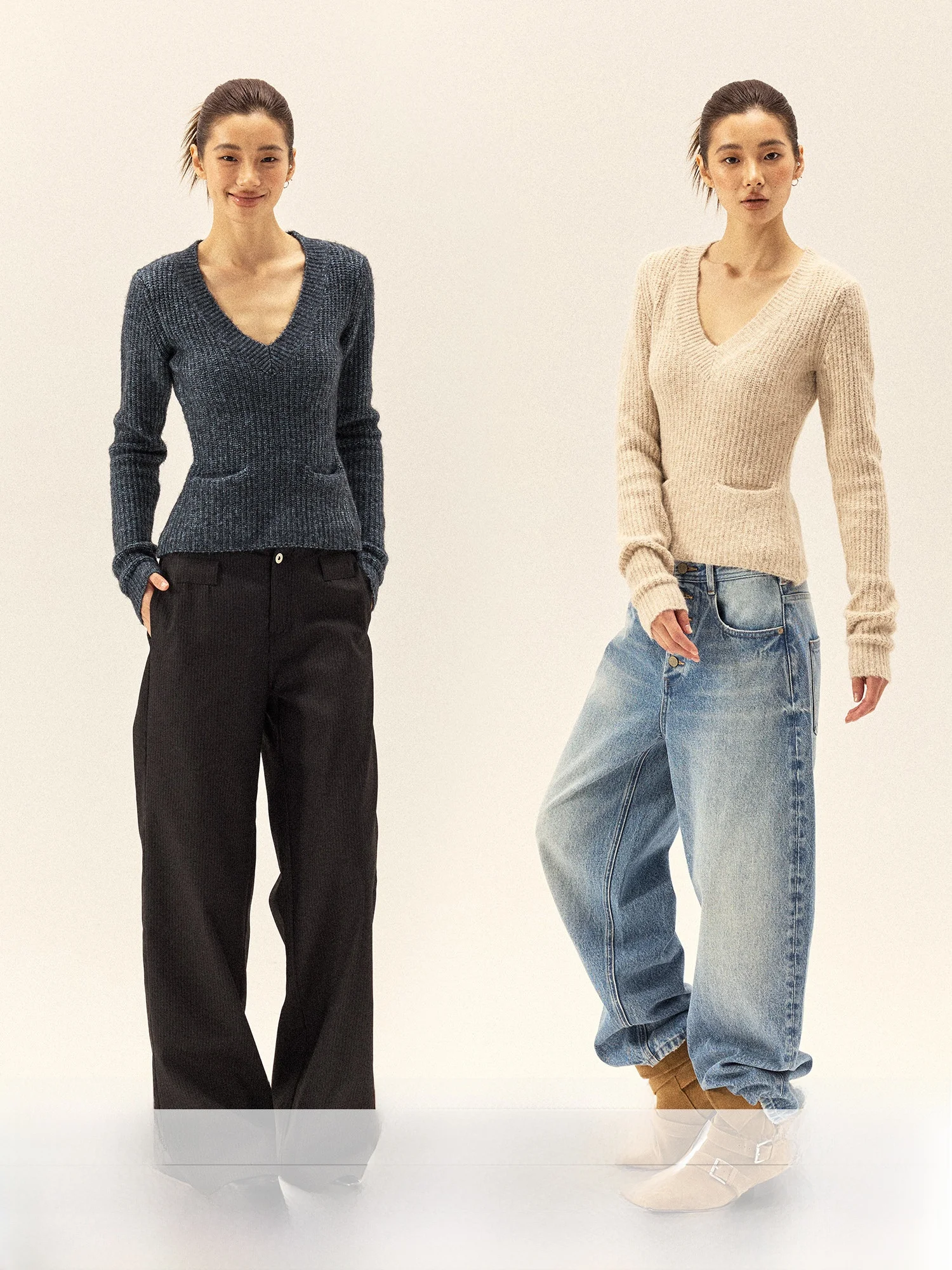 

Gowirel Thiened Soft Knitted Sweater V-Ne Pullover Waist-Cinching Slimming Baggy Street Sle Autumn Winter Women's Fa...