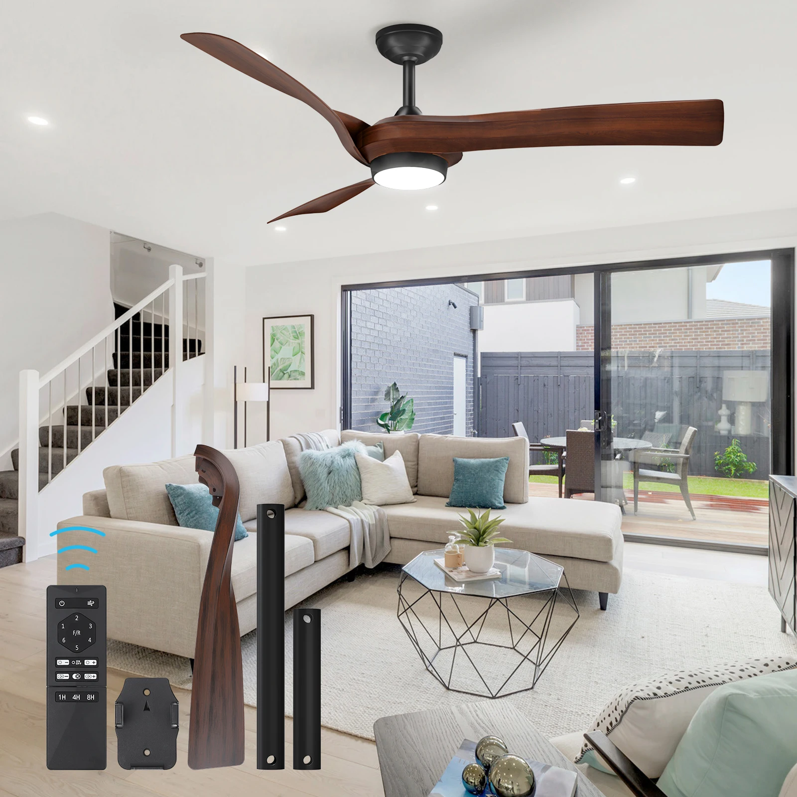 

52" Walnut Ceiling Fan With Lights Remote Control 3CCT Dimmable 7 Speeds Reversible Noiseless Modern Dc Motor Ceiling Fan