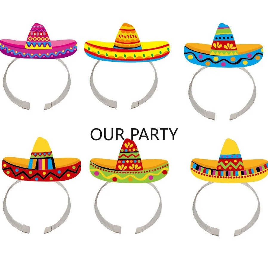 6Pcs Mexican Fiesta Paper Headband Hat Cinco De Mayo Theme Photo Props for Birthday Day of The Dead Halloween Party Decorartion