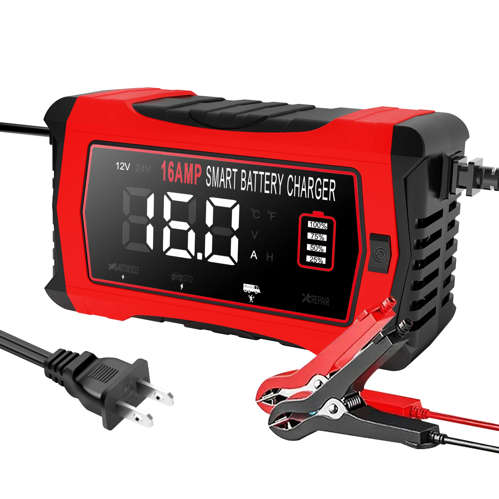 6V 12V 24V 16A Universele Reparatie Auto Acculader Intelligente Reparatie Motorfiets Oplader voor Lood-zuur AGM GEL LiFePO4 Batterij