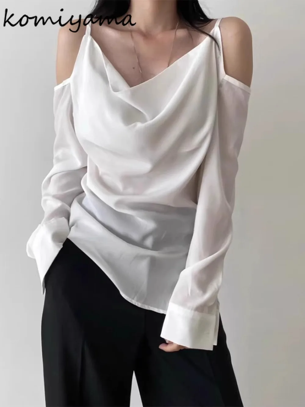 

Sexy Off Shoulder 2025 Woman Shirts & Blouses Long Sleeve Ropa De Mujer Irregular Ruched Blusas New Clothing Elegant Camisas