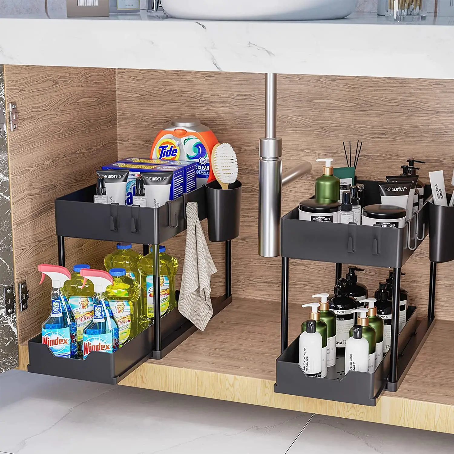 Space-Saving Organizer shelf 2-Tier Pull-Out Storage Organizer Durable Large Capacity Drawer for Kitchen and Bathroom Essentials