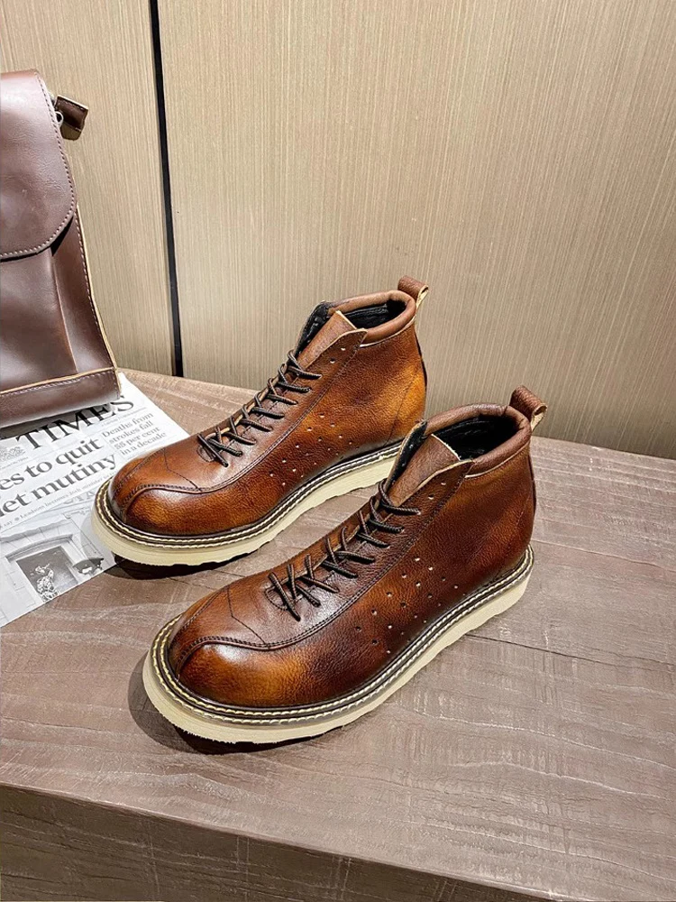

Handmade Genuine Leather Motorcycle Casual Hiking Sport Ankle Boots Male Shoes Retro High Top Oxford Boots Men's British Style