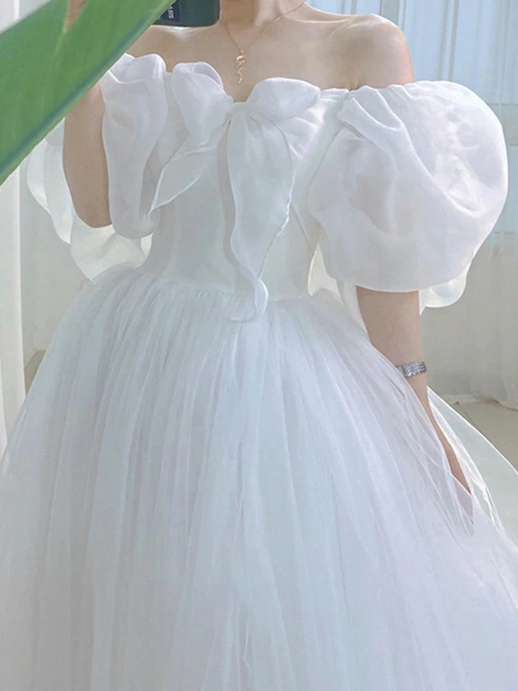 White Wedding Dress Women Fairy Princess Dress Female Fashion Evening Party Dress Ladies Summer Elegant Puff Sleeve Long Dress