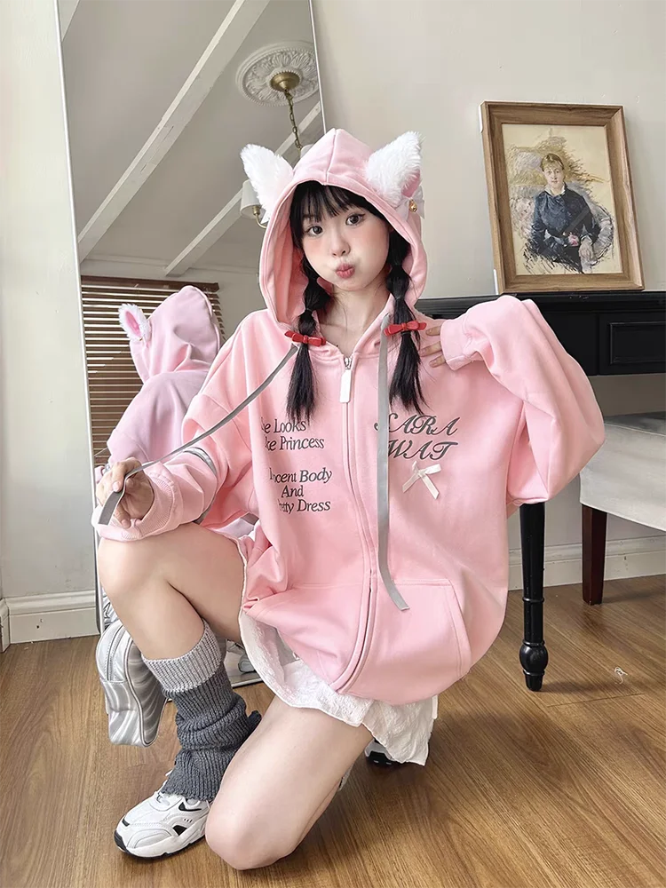 Y2k Korean Hoodies Women Spring Loose Cute Cat Ears Bow Design Hooded Zipper Jacket Cardigan Harajuku Casual Oversize Coats 2024