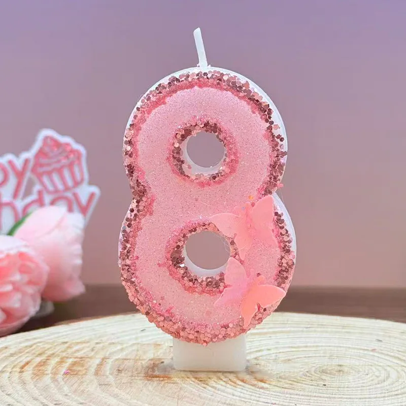Pink edged Butterfly Sparkling Candle Girl's Birthday Digital Cake Top Cover Party Supplies