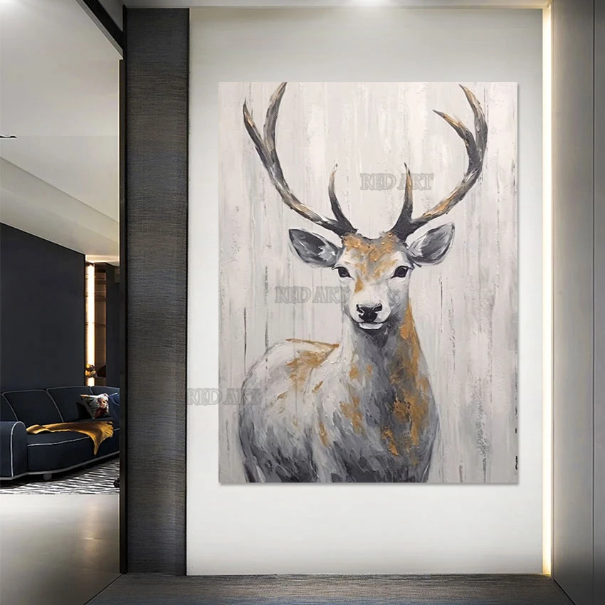 Cartoon Deer Canvas Picture for Bedroom Wall Decor, Hand-painted Animal Oil Painting, Luxury Wall Art, Decorative Item Murals