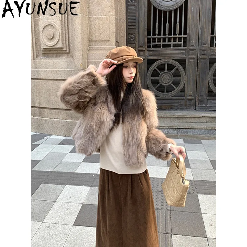

AYUNSUE Женская зимняя куртка из натурального лисьего меха, короткая верхняя одежда с длинными рукавами, топы в корейском стиле, женская одежда, новинка