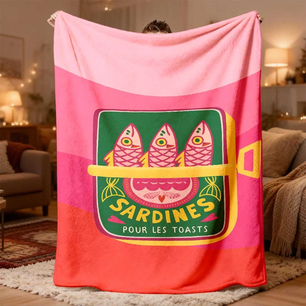 Pink Gradient Retro Sardine Tin Box Cartoon Fish French Letter Print Flannel Blanket Soft for Bedroom Cute Trendy Home Warm