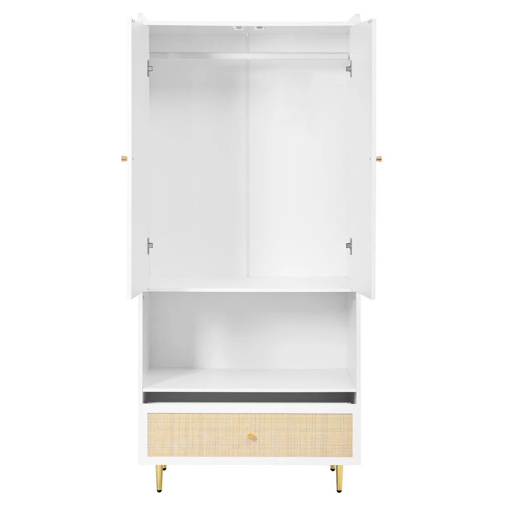 PINGGO Weißer Kleiderschrank mit 2 Türen, Rattanschublade, Metallbeinen und Griffen, 80x48x175cm, für Schlafzimmer und Wohnzimmer – Detail 16