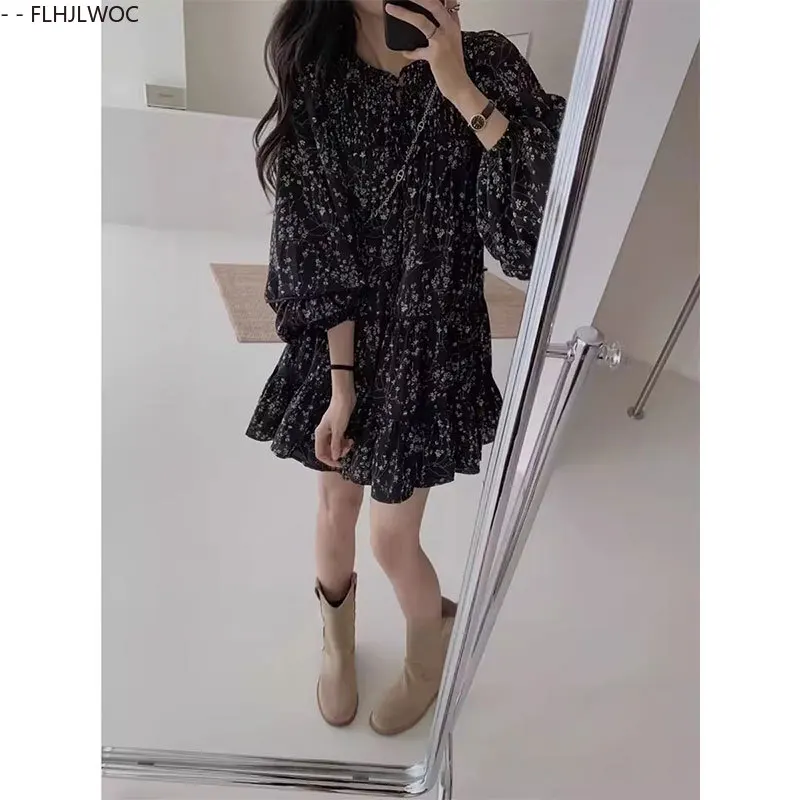 花柄ミニワンピース 日本風 可愛い キュート ガールズ レディース カジュアル ゆったり ブラック 花柄プリント 長袖 蝶ネクタイ シャツワンピース ベスティドス