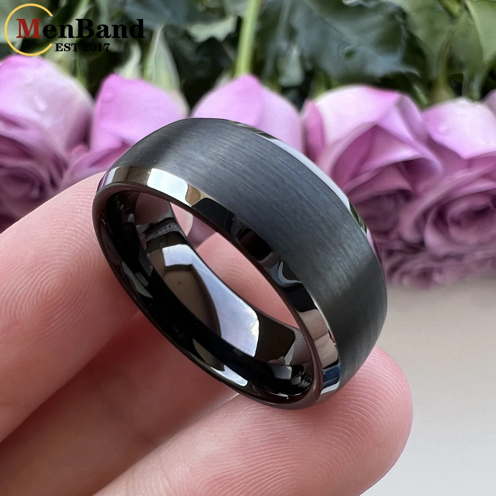 MenBand Fashion 6MM 8MM With Shiny Bevel Edges Dome Brushed Finish Men Women Black Tungsten Wedding Band Comfort Fit