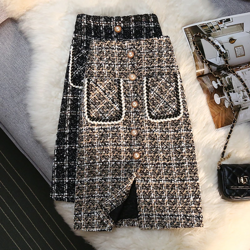 نمط Ayu الخريف الشتاء اللؤلؤ تويد الصوف تنورة المرأة طويلة عالية الخصر زر خمر تحقق H-خط تنورة Sk0582