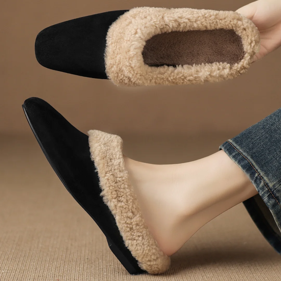 

danxuefei women's natural suede leather wool patchwork square toe short plush inside winter warm mules casual flats slides shoes