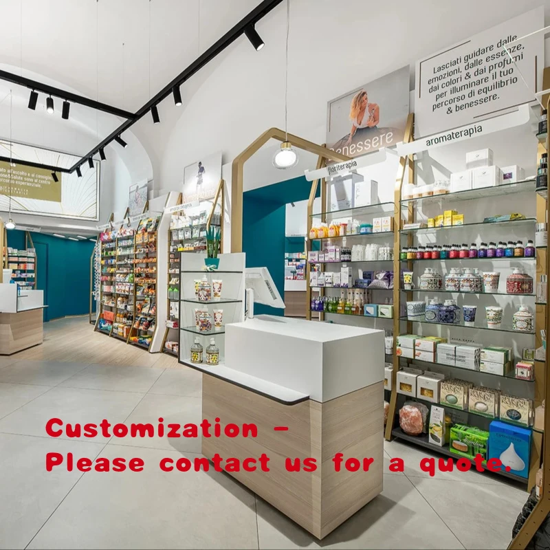 custom.Retail Pharmacy Decoration Customized Medical Pharmacy Shop Glass Wood Furniture Shelves Cabinet Pharmacy Store Displ