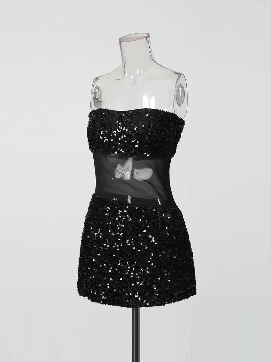 TWOTWINSTYLE Slimming Sheer Spliced Sequins Sexy Mini Dresses for Women Strapless Sleeveless Temperament Dress Female Clothing